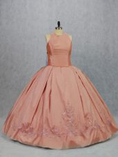 Pretty Taffeta Scoop Sleeveless Zipper Embroidery Sweet 16 Quinceanera Dress in Peach