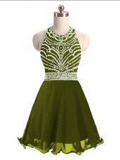 Olive Green A-line Chiffon Halter Top Sleeveless Beading Mini Length Lace Up Homecoming Dress