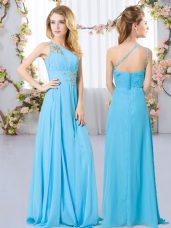 Admirable Aqua Blue Chiffon Zipper One Shoulder Sleeveless Floor Length Wedding Guest Dresses Beading
