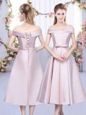 Fashionable Tea Length Lace Up Wedding Party Dress Baby Pink for Wedding Party with Bowknot