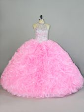 Fine Ball Gowns Quinceanera Gowns Baby Pink Halter Top Organza Sleeveless Floor Length Lace Up