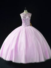 Excellent Lilac Scoop Lace Up Beading Sweet 16 Dress Sleeveless
