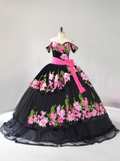 Off The Shoulder Sleeveless Quince Ball Gowns Brush Train Embroidery Black Tulle