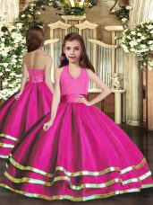 Beautiful Fuchsia Lace Up Halter Top Ruffled Layers Glitz Pageant Dress Organza Sleeveless