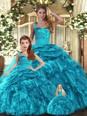Teal Lace Up 15 Quinceanera Dress Ruffles and Pick Ups Sleeveless Floor Length