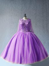Modern Lavender Lace Up Scoop Beading Ball Gown Prom Dress Tulle Long Sleeves
