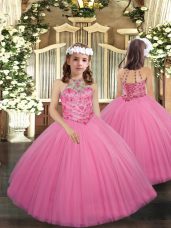Hot Selling Rose Pink Lace Up Little Girl Pageant Dress Beading Sleeveless Floor Length