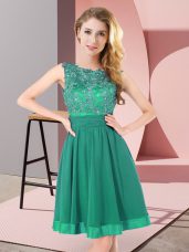 Turquoise Chiffon Backless Scoop Sleeveless Mini Length Bridesmaid Dresses Beading and Appliques
