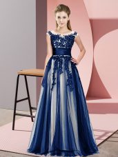Fabulous Navy Blue Tulle Zipper Court Dresses for Sweet 16 Sleeveless Floor Length Beading and Lace
