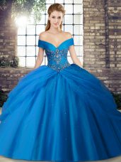 Blue Off The Shoulder Neckline Beading and Pick Ups Vestidos de Quinceanera Sleeveless Lace Up