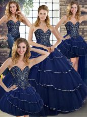 Beauteous Navy Blue Sweetheart Lace Up Beading and Ruffled Layers 15 Quinceanera Dress Brush Train Sleeveless
