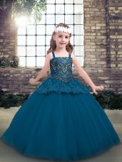 Blue Ball Gowns Straps Sleeveless Tulle Floor Length Lace Up Beading Little Girls Pageant Dress Wholesale