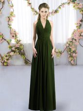 Olive Green Sleeveless Ruching Floor Length Damas Dress