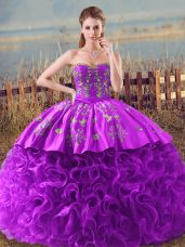 Eggplant Purple and Purple Ball Gowns Fabric With Rolling Flowers Sweetheart Sleeveless Embroidery and Ruffles Lace Up 15 Quinceanera Dress Brush Train
