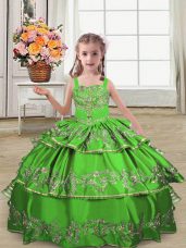 Straps Sleeveless Satin Kids Pageant Dress Embroidery and Ruffled Layers Lace Up