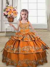 Floor Length Orange Little Girls Pageant Dress Straps Sleeveless Lace Up