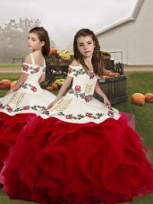 Sleeveless Floor Length Embroidery and Ruffles Lace Up Little Girls Pageant Dress Wholesale with Red