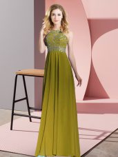Olive Green Sleeveless Beading Floor Length Homecoming Dress