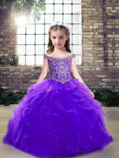 Dazzling Purple Sleeveless Floor Length Beading and Ruffles Lace Up Kids Formal Wear