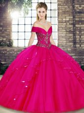 Fabulous Fuchsia Quinceanera Gown Military Ball and Sweet 16 and Quinceanera with Beading and Ruffles Off The Shoulder Sleeveless Lace Up