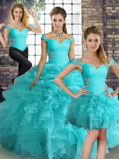 Fashion Aqua Blue Lace Up Sweet 16 Dresses Beading and Ruffles and Pick Ups Sleeveless Floor Length