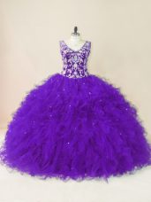 Purple Sleeveless Tulle Backless Sweet 16 Dress for Sweet 16 and Quinceanera