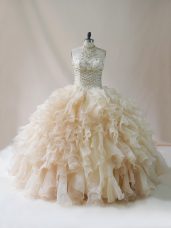 Luxury Champagne Ball Gowns Halter Top Sleeveless Organza Floor Length Lace Up Beading and Ruffles Quinceanera Gowns