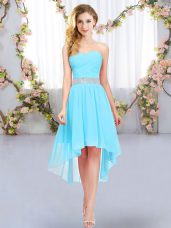 Aqua Blue Chiffon Lace Up Wedding Party Dress Sleeveless High Low Belt