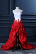 Chic A-line White And Red Sweetheart Taffeta Sleeveless High Low Lace Up