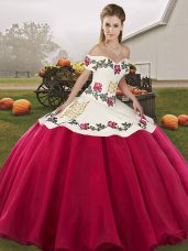 Hot Pink Ball Gowns Embroidery Quinceanera Gowns Lace Up Organza Sleeveless Floor Length