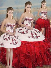 High Class White And Red Organza Lace Up Sweetheart Sleeveless Floor Length Ball Gown Prom Dress Embroidery and Ruffles and Bowknot