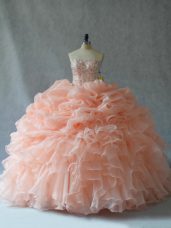 Affordable Strapless Sleeveless Organza 15th Birthday Dress Beading and Ruffles Lace Up