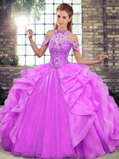 High End Organza Halter Top Sleeveless Lace Up Beading and Ruffles Quince Ball Gowns in Lilac