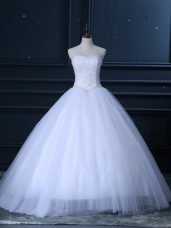 Clearance White Tulle Lace Up Sweetheart Sleeveless Floor Length Wedding Gown Beading and Lace