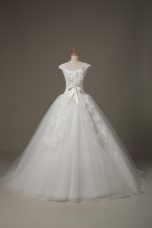 Lace and Appliques and Belt and Hand Made Flower Wedding Dress White Lace Up Sleeveless Brush Train