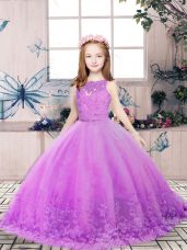 Scoop Sleeveless Little Girls Pageant Dress Floor Length Lace and Appliques Lilac