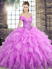 Great Lilac Ball Gowns Off The Shoulder Sleeveless Organza Brush Train Lace Up Beading and Ruffles 15 Quinceanera Dress