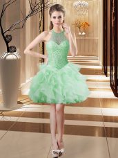 Custom Fit Apple Green Tulle Lace Up Womens Party Dresses Sleeveless Mini Length Beading and Ruffles