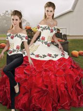 Dramatic Embroidery and Ruffles Sweet 16 Quinceanera Dress White And Red Lace Up Sleeveless Floor Length