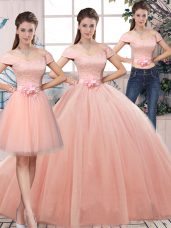 Colorful Pink Tulle Lace Up Quinceanera Dress Short Sleeves Floor Length Lace and Hand Made Flower