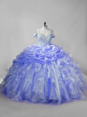 Excellent Lavender and Purple Ball Gowns Organza Straps Sleeveless Beading and Ruffles and Pick Ups Lace Up Quince Ball Gowns Brush Train