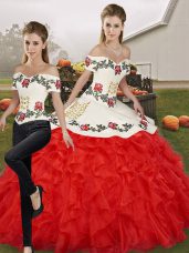 Traditional White And Red Two Pieces Embroidery and Ruffles Quinceanera Gowns Lace Up Organza Sleeveless Floor Length