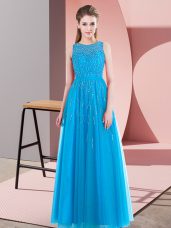 Aqua Blue Tulle Side Zipper Scoop Sleeveless Floor Length Beading