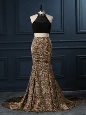 Glorious High-neck Sleeveless Evening Dresses Court Train Beading Black Printed