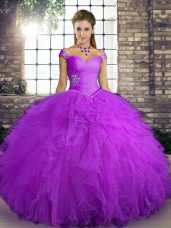 Custom Made Off The Shoulder Sleeveless Sweet 16 Quinceanera Dress Floor Length Beading and Ruffles Purple Tulle