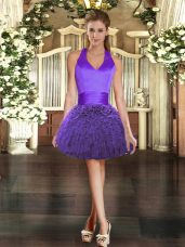Elegant Halter Top Sleeveless Prom Dress Mini Length Ruffles Purple Organza