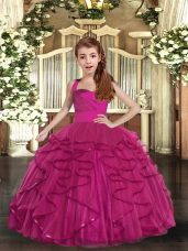 Fuchsia Tulle Lace Up Straps Sleeveless Floor Length Little Girl Pageant Dress Ruffles