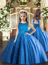 Custom Fit Floor Length Blue Child Pageant Dress Scoop Sleeveless Lace Up