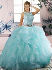 Modest Aqua Blue Sleeveless Tulle Zipper Quinceanera Gown for Sweet 16