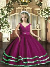 V-neck Sleeveless Little Girls Pageant Dress Floor Length Beading and Ruching Purple Organza